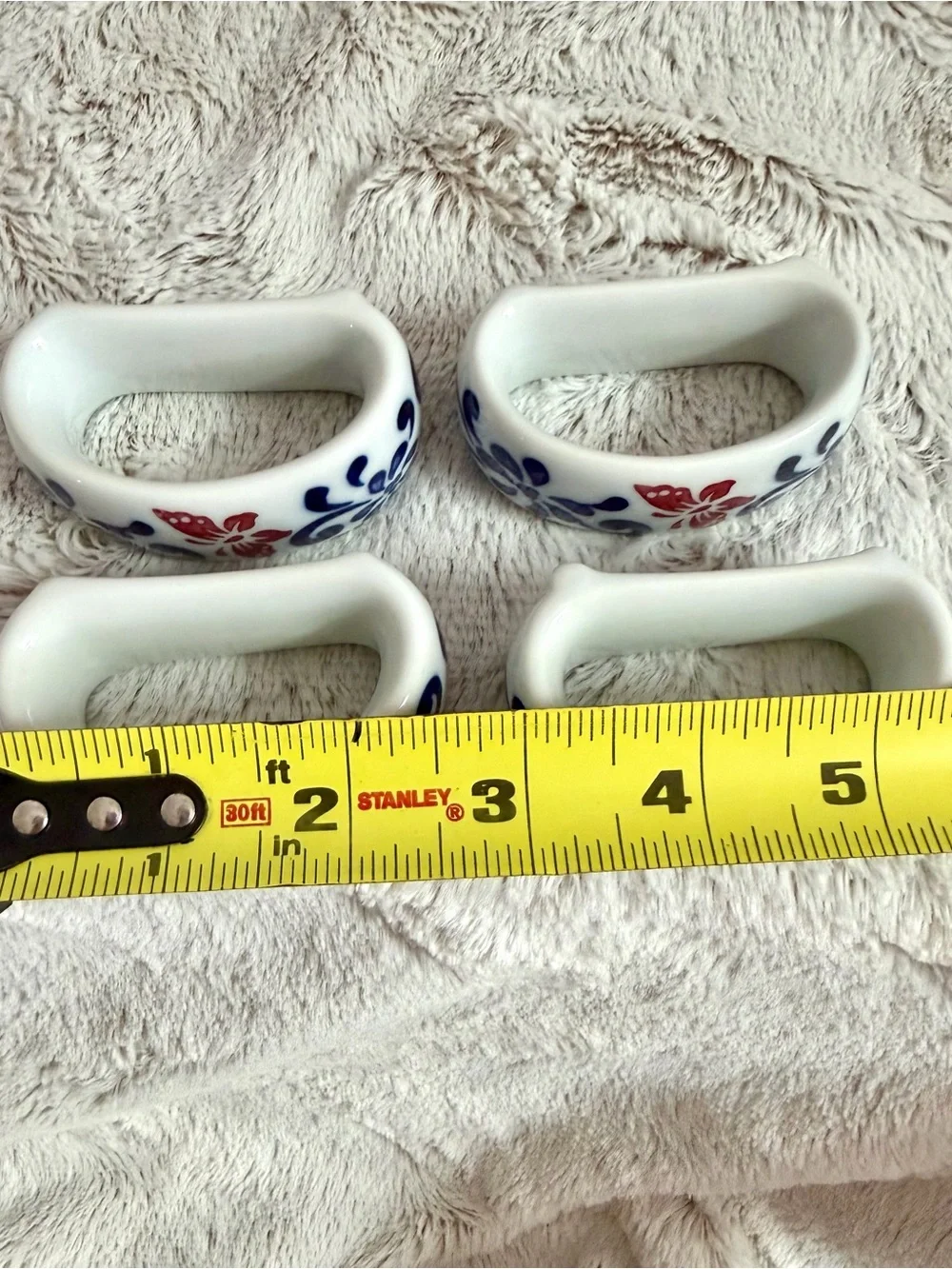 Pier 1 White Ceramic Napkin Rings with Blue Floral and Red Butterfly Motif
